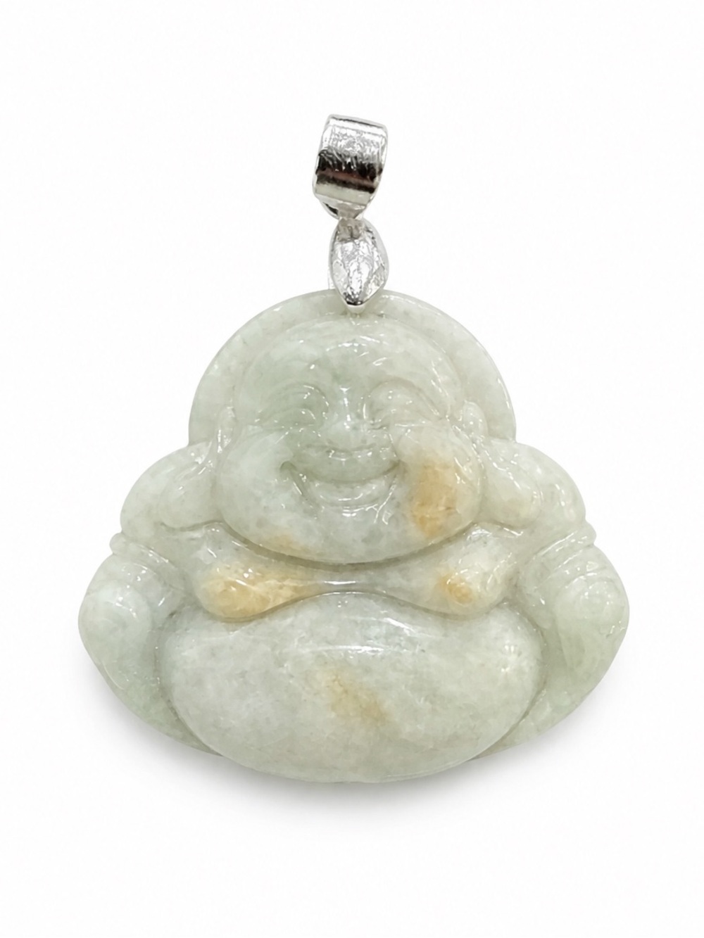 JADE Carved Laughing Buddha Pendant - Pale Green with Honey Accents